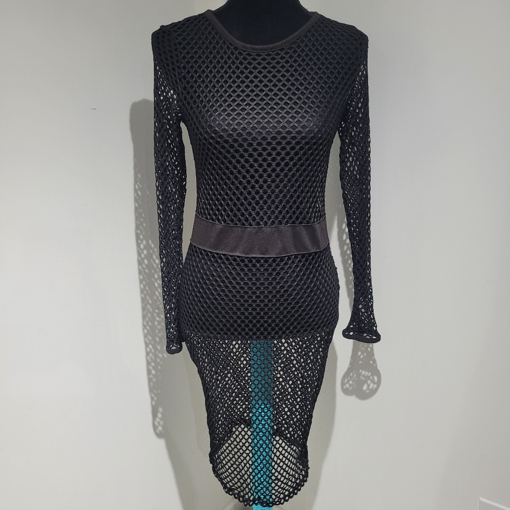 Kardashian Kollection Womens Fishnet Long-Sleeve Sheer Bodycon Dress Large Black